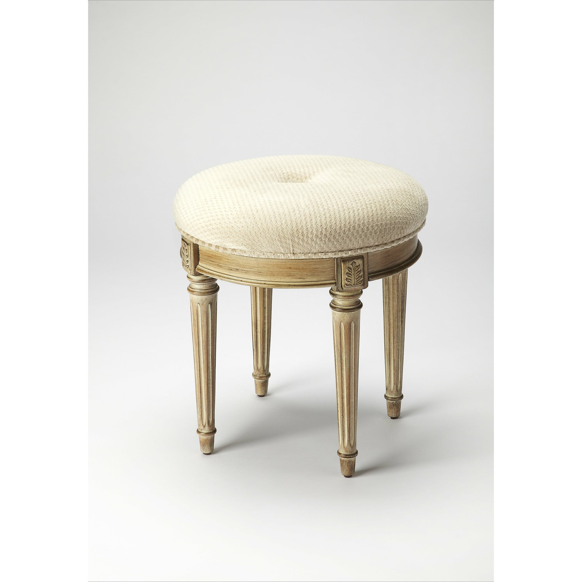 Butler Specialty Elegant Round Gray Driftwood Upholstered Vanity Stool Benches Butler Specialty