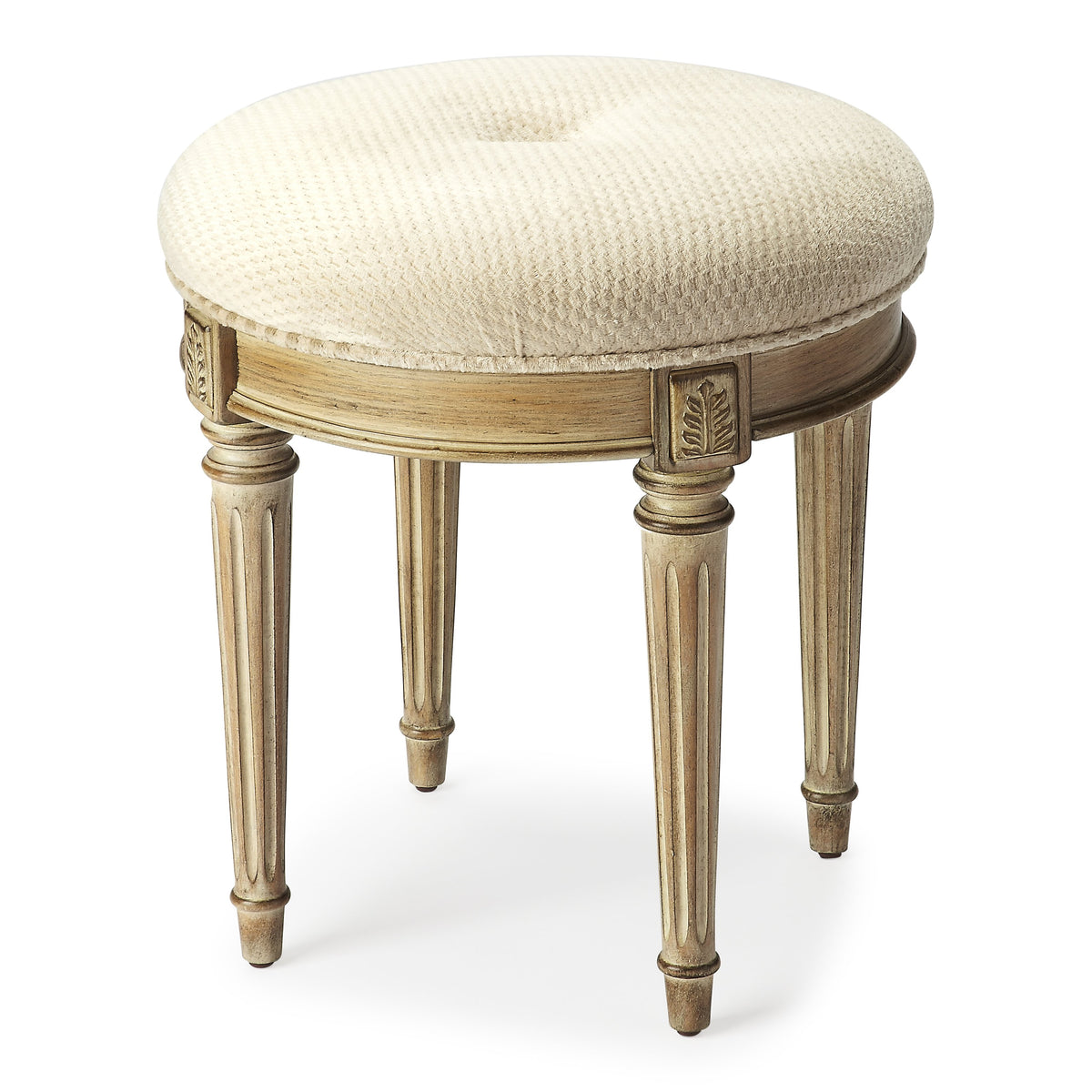 Butler Specialty Elegant Round Gray Driftwood Upholstered Vanity Stool Benches Butler Specialty
