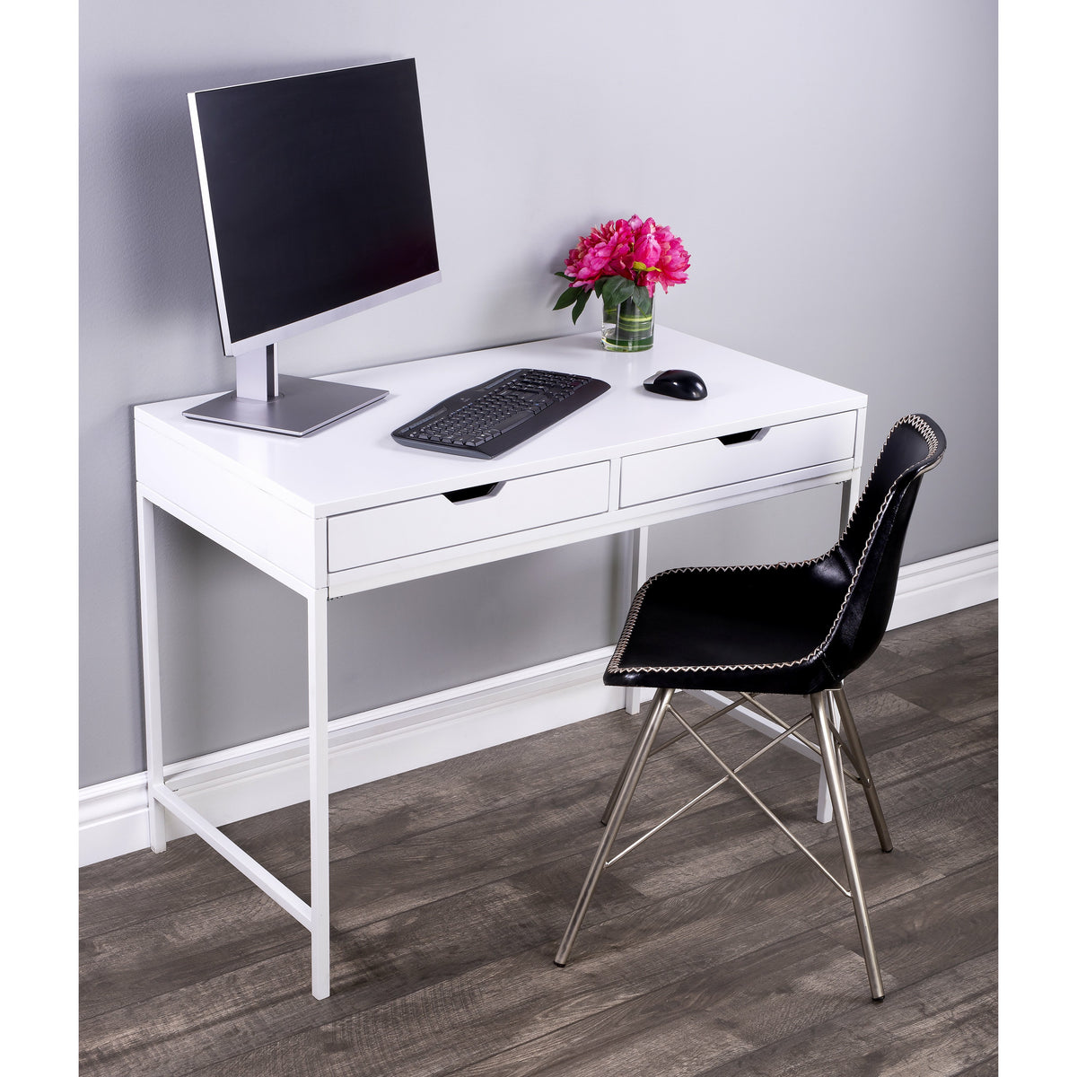 Butler Specialty Stylish Modern Rectangular White Wood Desk With 2 Drawers Desks &amp; Secretaries Butler Specialty