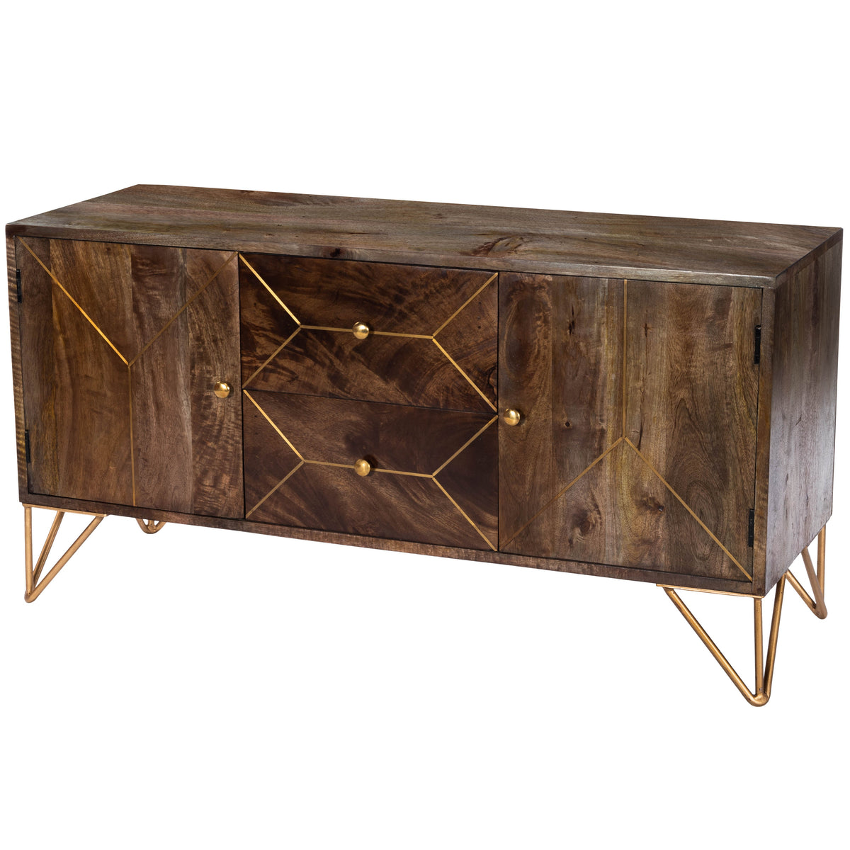 Butler Specialty Minimalist Modern Rectangular Medium Brown Wood Brass Metal Inlay Entertainment Console Entertainment Centers Butler Specialty