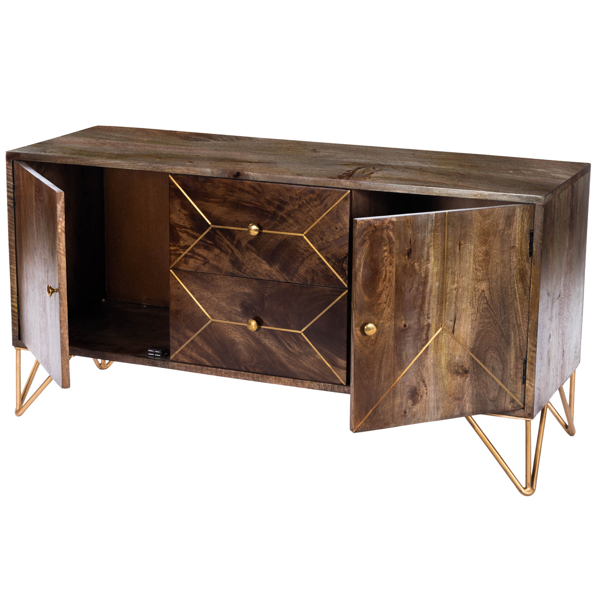 Butler Specialty Minimalist Modern Rectangular Medium Brown Wood Brass Metal Inlay Entertainment Console Entertainment Centers Butler Specialty