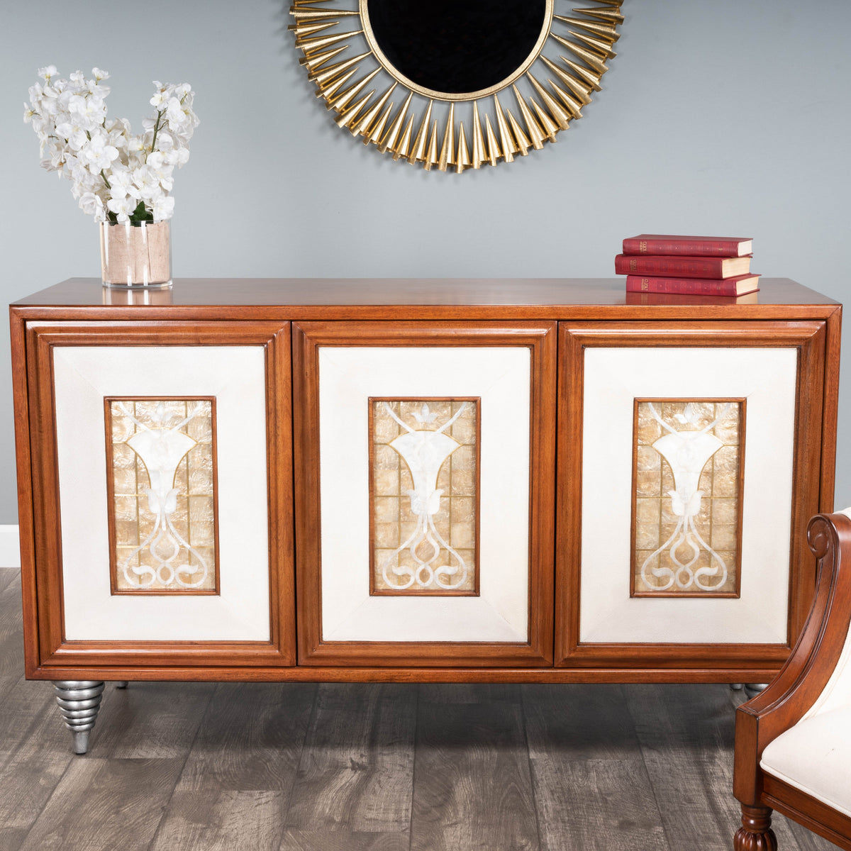 Butler Specialty Elegant Transitional Rectangular Medium Brown Leather Capiz Shell Inlay Sideboard Chests/Cabinets Butler Specialty